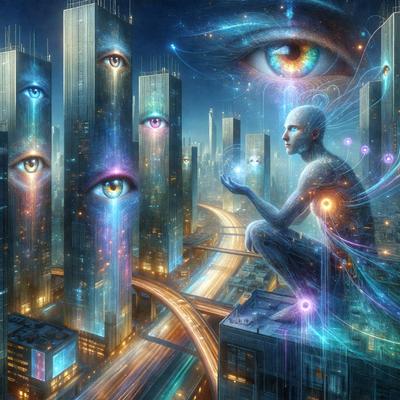 The primary subject of the image is a person, possibly a woman, sitting on a building with a cityscape in the background. The setting includes a highway and a bridge, creating a sense of urban environment. The visual style of the image is digital art, with a vibrant and colorful atmosphere. The dominant colors include blue, purple, and orange, which contribute to the overall mood of the scene.